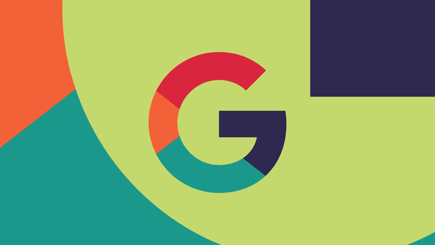 google 桌布 壁紙 — 一個風格化的Google G標誌，採用紅色、橙色、藍綠色和深藍色，置於帶有抽象幾何形狀的萊姆綠背景上。