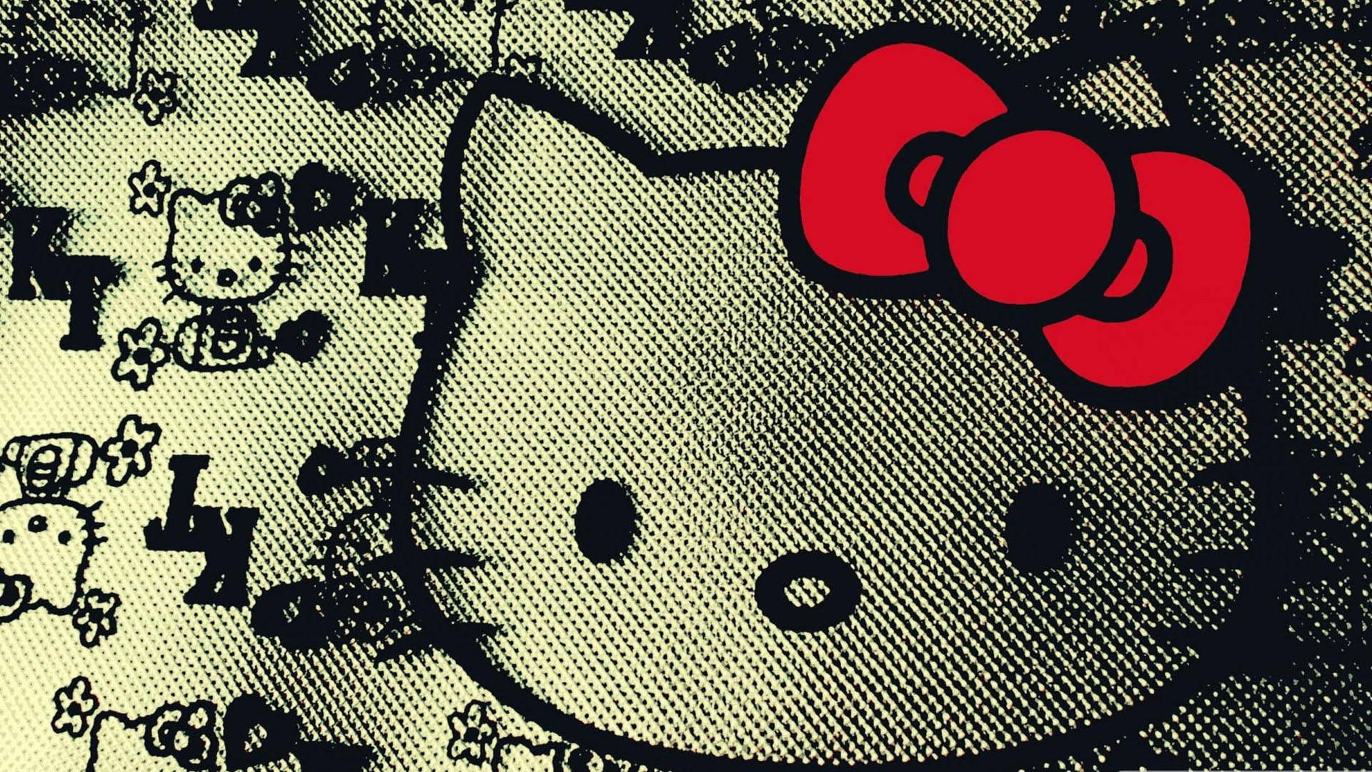 Kitty 桌布 壁紙 — 一個風格化的Hello Kitty，在紋理米色布料上戴著紅色蝴蝶結，周圍環繞著重複的黑色墨水素描，描繪她的臉和花朵。