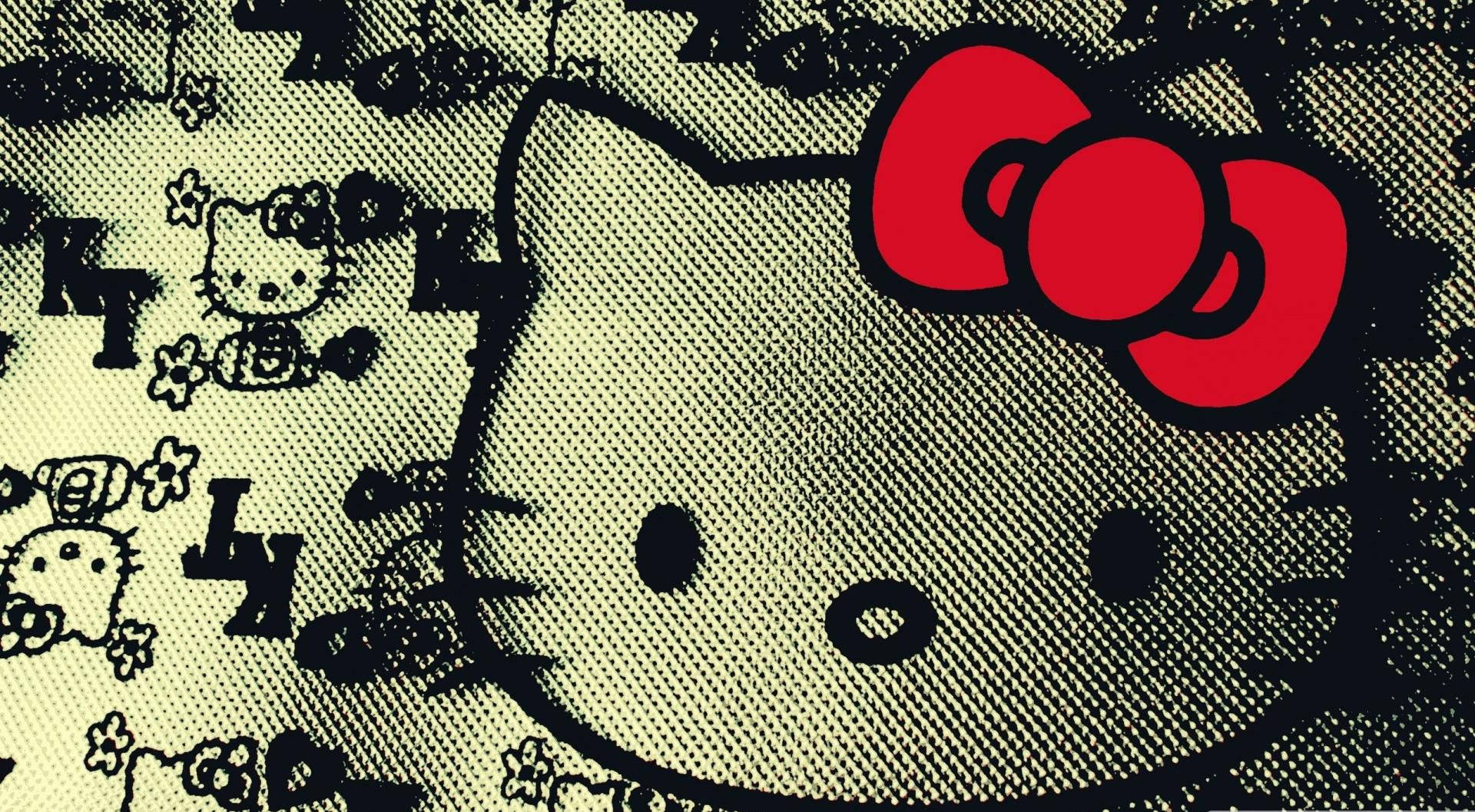 Hello 桌布 壁紙 — 一個風格化的Hello Kitty，帶有醒目的紅色蝴蝶結，出現在帶有重複黑色墨水圖案的紋理牛仔布背景上。
