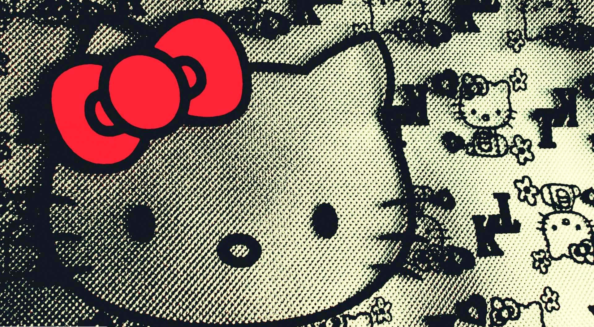 Hello Kitty Pc 桌布 壁紙 — 一個風格化的Hello Kitty，戴著鮮明的紅色蝴蝶結，在充滿重複圖案和較小Hello Kitty圖案的紋理背景上脫穎而出。