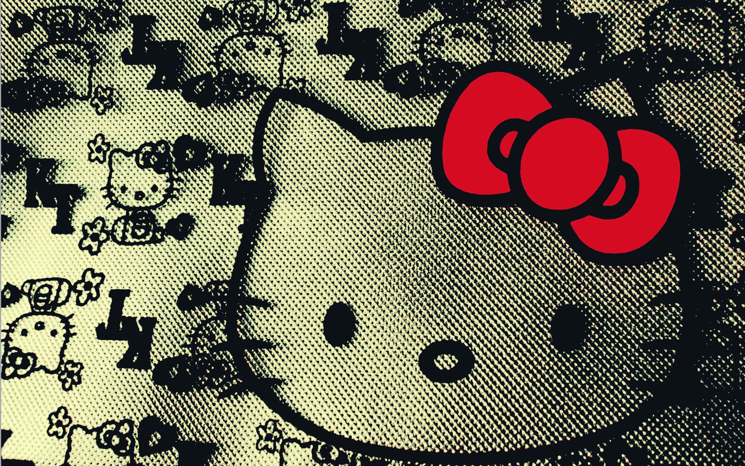 Hello Kitty Pc 桌布 壁紙 — 一個風格化的Hello Kitty，戴著大膽的紅色蝴蝶結，在充滿重複黑白圖案的紋理背景上脫穎而出。