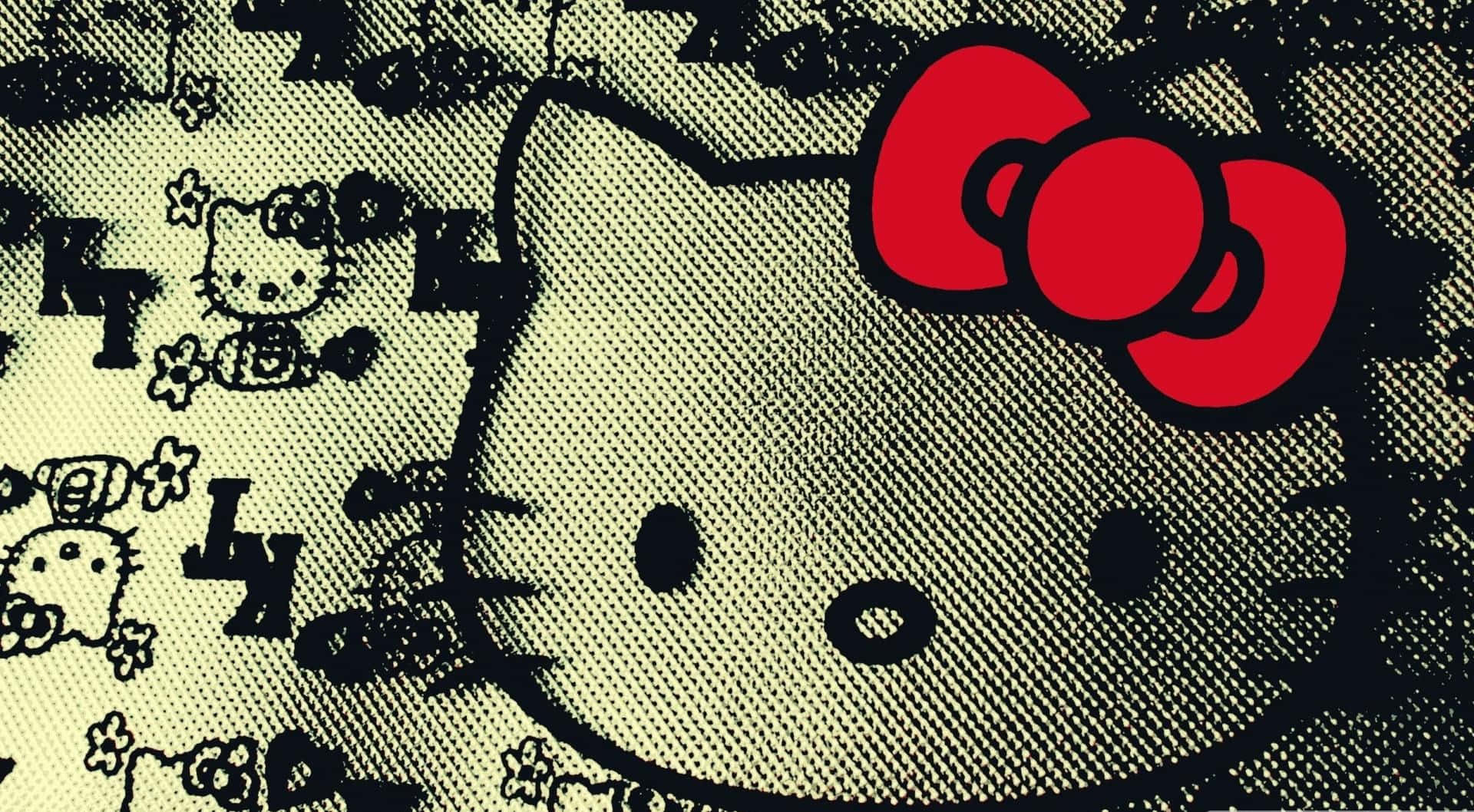 Hello Kitty 桌布 壁紙 — 一個風格化的Hello Kitty，在帶有重複圖案的紋理布料背景上，戴著紅色蝴蝶結。