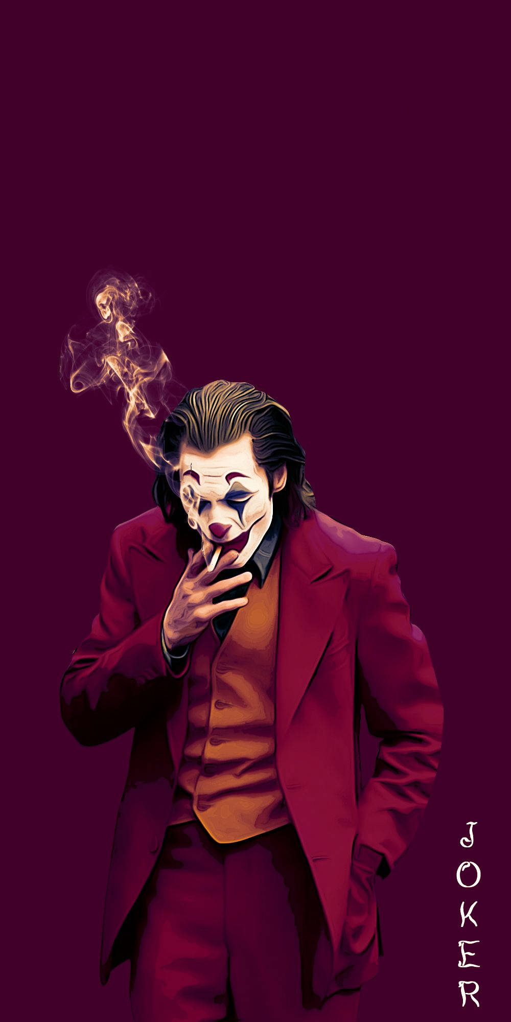 小丑手機 桌布 壁紙 — 一個風格化的Joker穿著紅色西裝，在深紫色背景和旋轉的煙霧中抽煙。