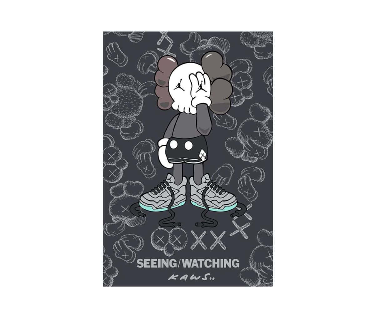 Kaws X Air Jordan 桌布 壁紙 — 一個風格化的KAWS角色，帶有X形眼睛和雲朵般的頭髮，站在運動鞋上，背景是充滿重複KAWS人物的深色背景。