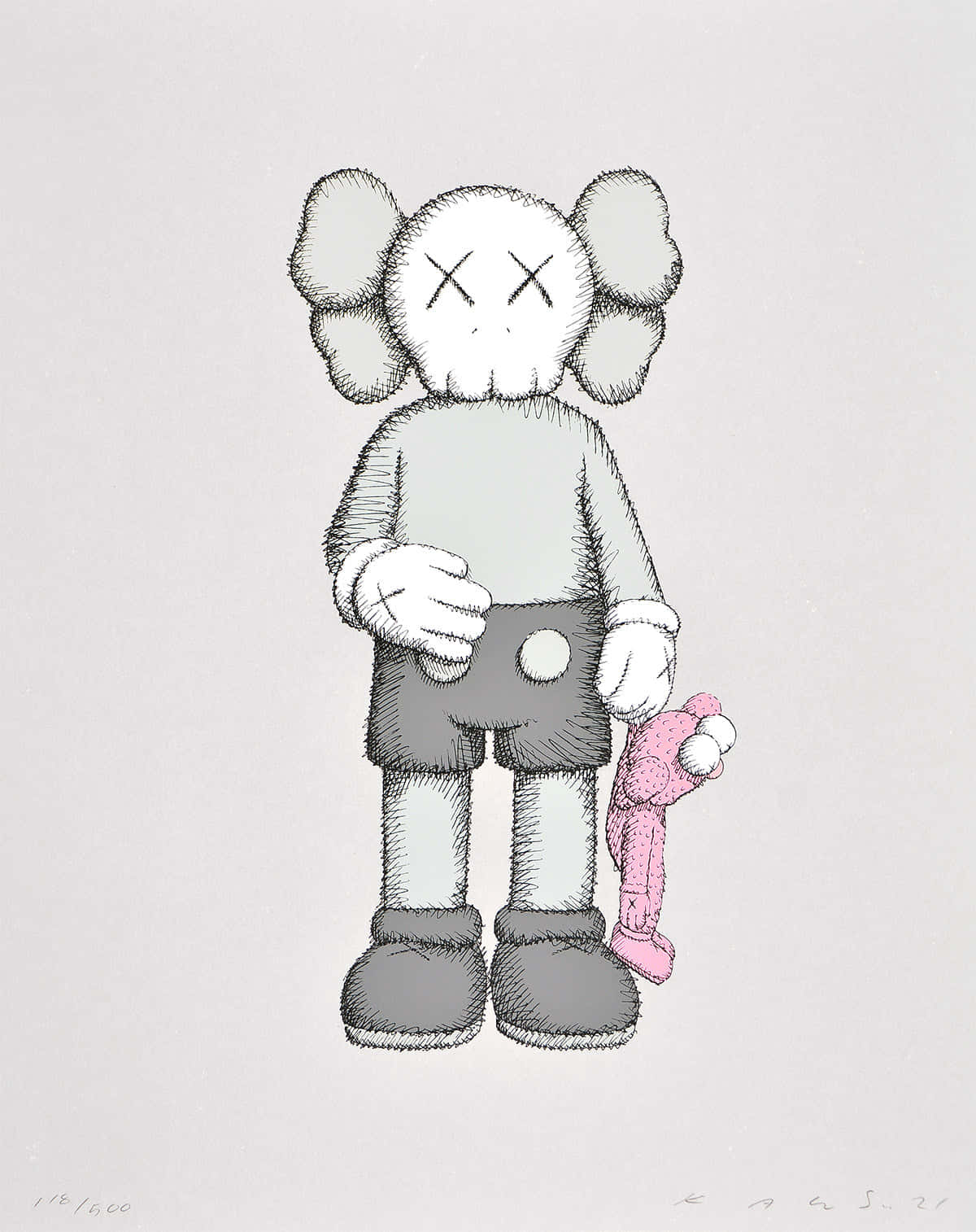 KAWS 桌布 壁紙 — 一個風格化的KAWS角色，帶有X形眼睛，在純色背景前抱著一個粉紅色毛絨玩具。
