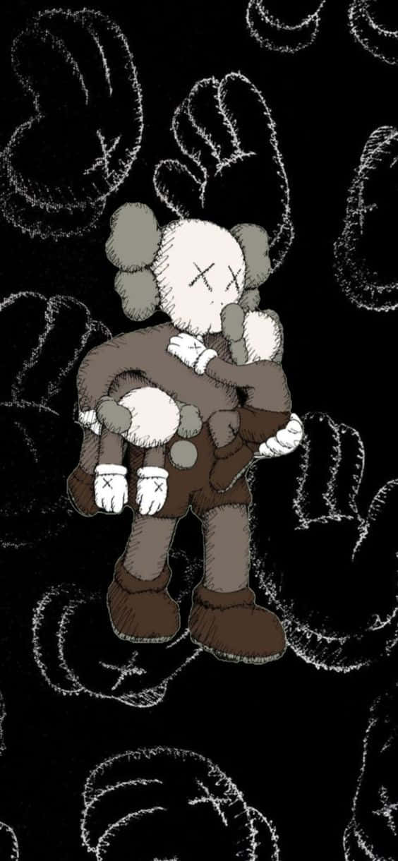 kaws pc 桌布 壁紙 — 一個風格化的KAWS角色，棕色和白色，在充滿幽靈般輪廓手的黑色背景前抱著一個較小的角色。