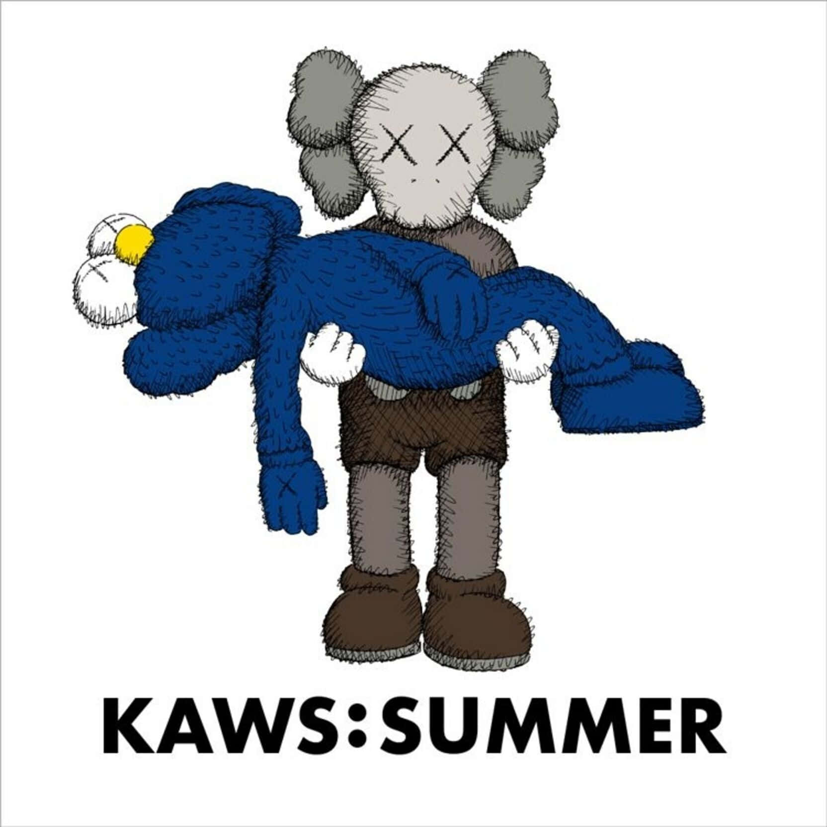 KAWS 桌布 壁紙 — 一個風格化的KAWS角色，穿著棕色短褲和靴子，在純白色背景前抱著一個有黃色眼睛的藍色毛絨玩具。