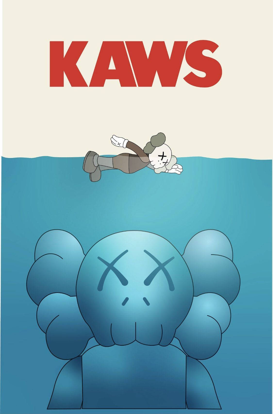 kaws pc 桌布 壁紙 — 一個風格化的KAWS角色漂浮在水面上，而一個更大的藍色KAWS人物帶有X眼睛從下方浮現。
