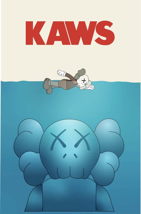 Cool Kaws 桌布 壁紙 — 一個風格化的KAWS角色漂浮在水面上，而一個更大的藍色KAWS人物帶著X眼睛從下方浮現。