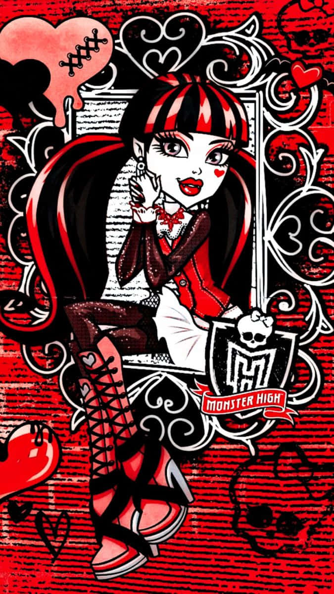 Monster High 桌布 壁紙 — 一個風格化的Monster High女孩，擁有紅黑條紋頭髮，坐在心形、骷髏頭和華麗漩渦圖案之間，形成大膽的圖形插圖。