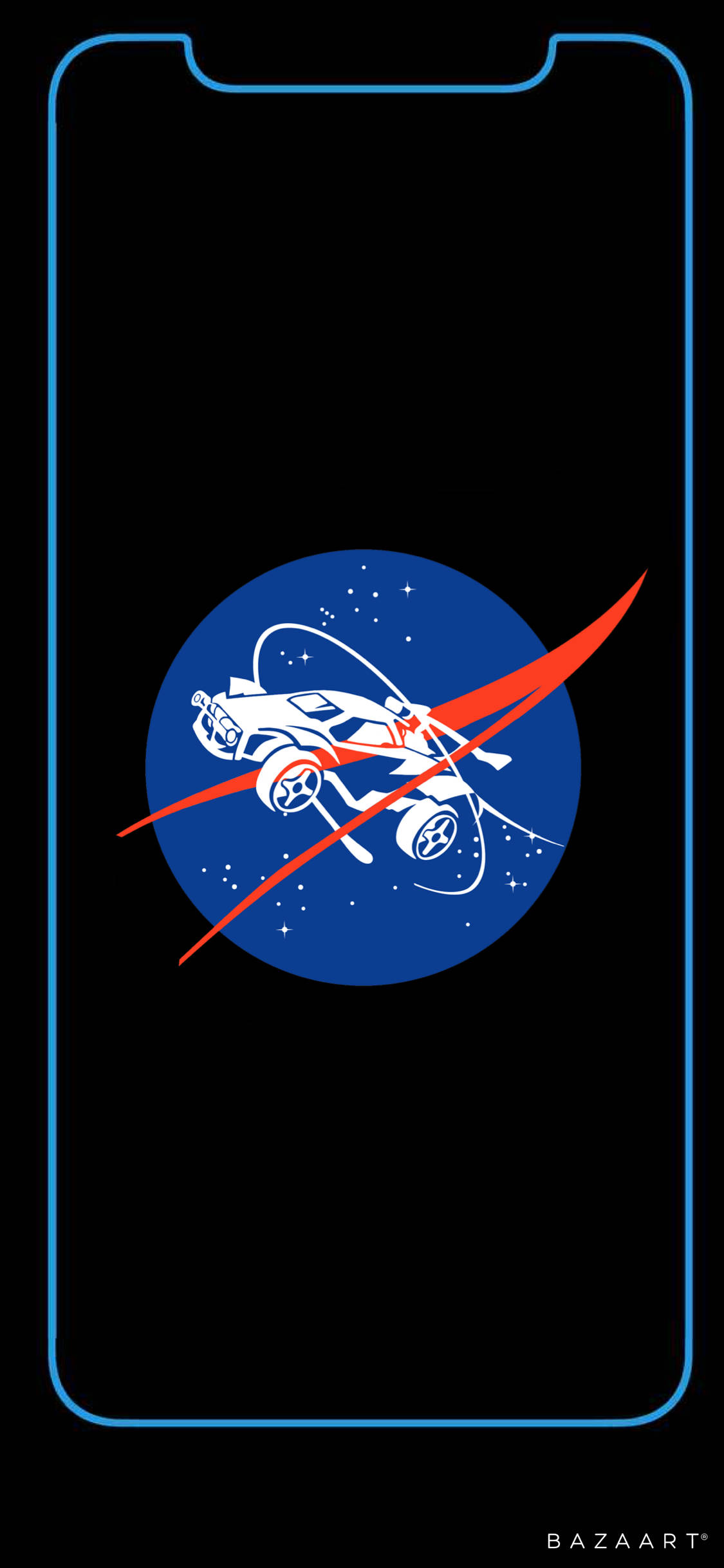 Rocket League iPhone 桌布 壁紙 — 一個風格化的NASA標誌，在智慧型手機框架內，藍色星空上有白色太空船和紅色弧線。
