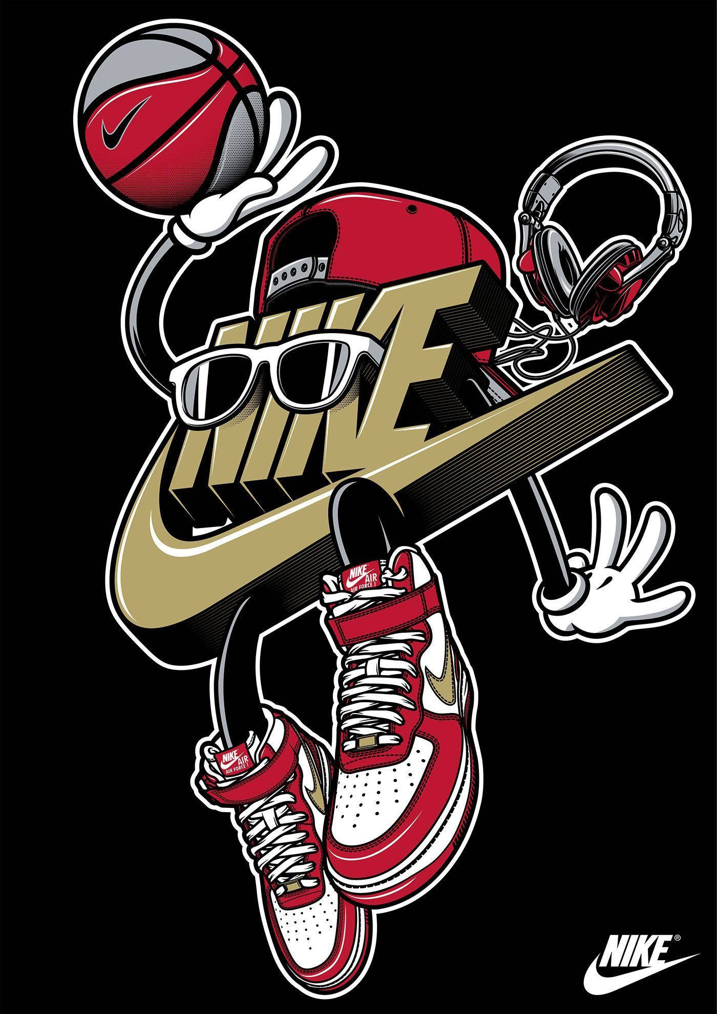 Nike iPhone 桌布 壁紙 — 一個風格化的Nike標誌變身成一個籃球運動員，戴著紅色帽子、太陽眼鏡和運動鞋，拿著一個球和耳機。