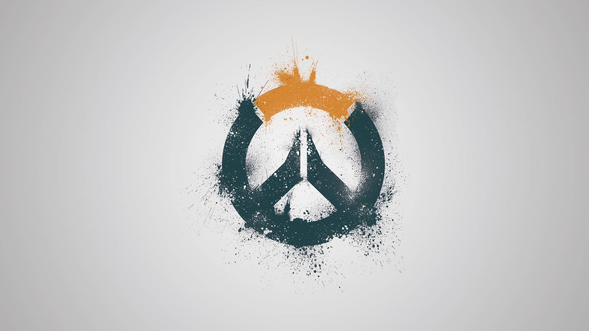 鬥陣特攻 桌布 壁紙 — 一個風格化的Overwatch標誌，帶有黑色和橙色油漆飛濺在淺灰色背景上。