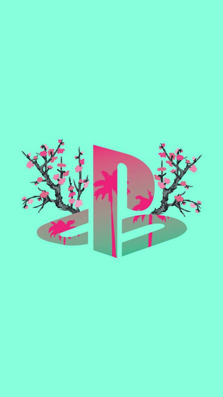 Aesthetic Gaming 桌布 壁紙 — 一個風格化的PlayStation標誌，帶有櫻花枝條和棕櫚樹，背景是薄荷綠色。