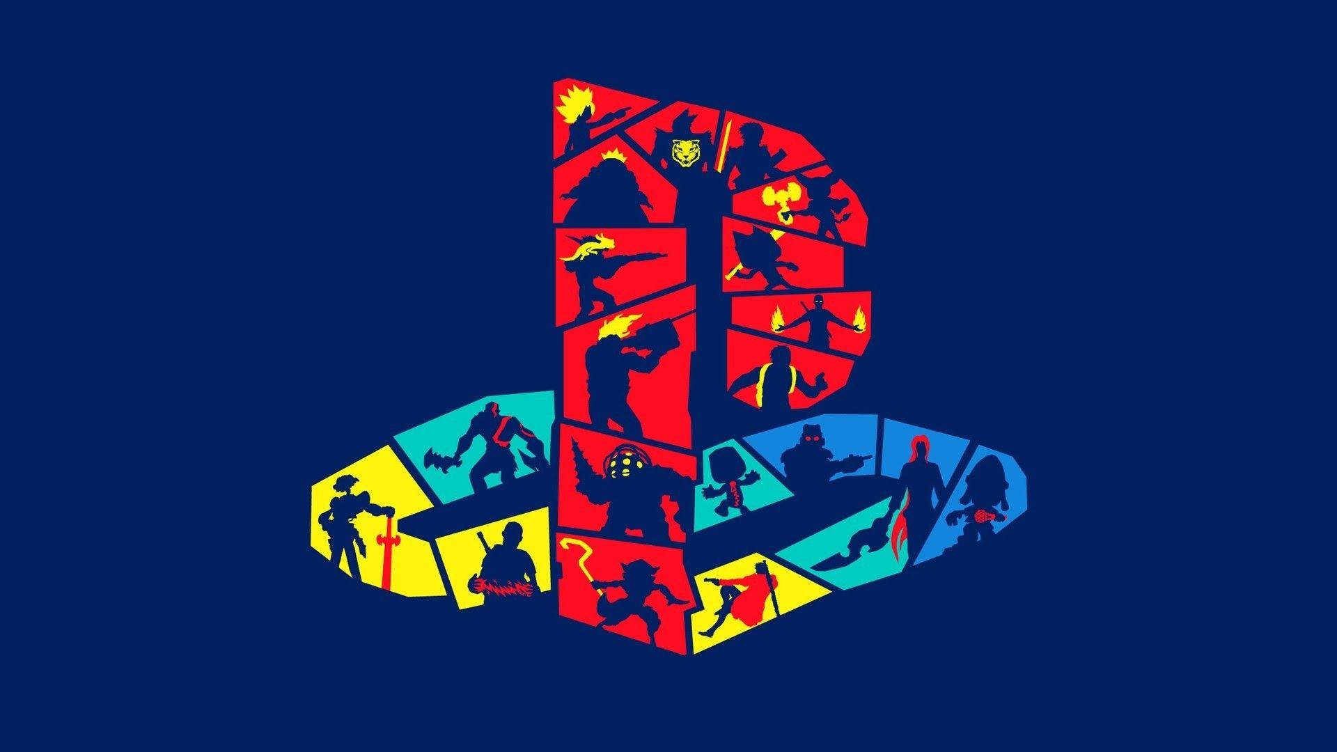 PlayStation 桌布 壁紙 — 一個風格化的PlayStation標誌，充滿了標誌性遊戲角色的彩色剪影，背景為深藍色。