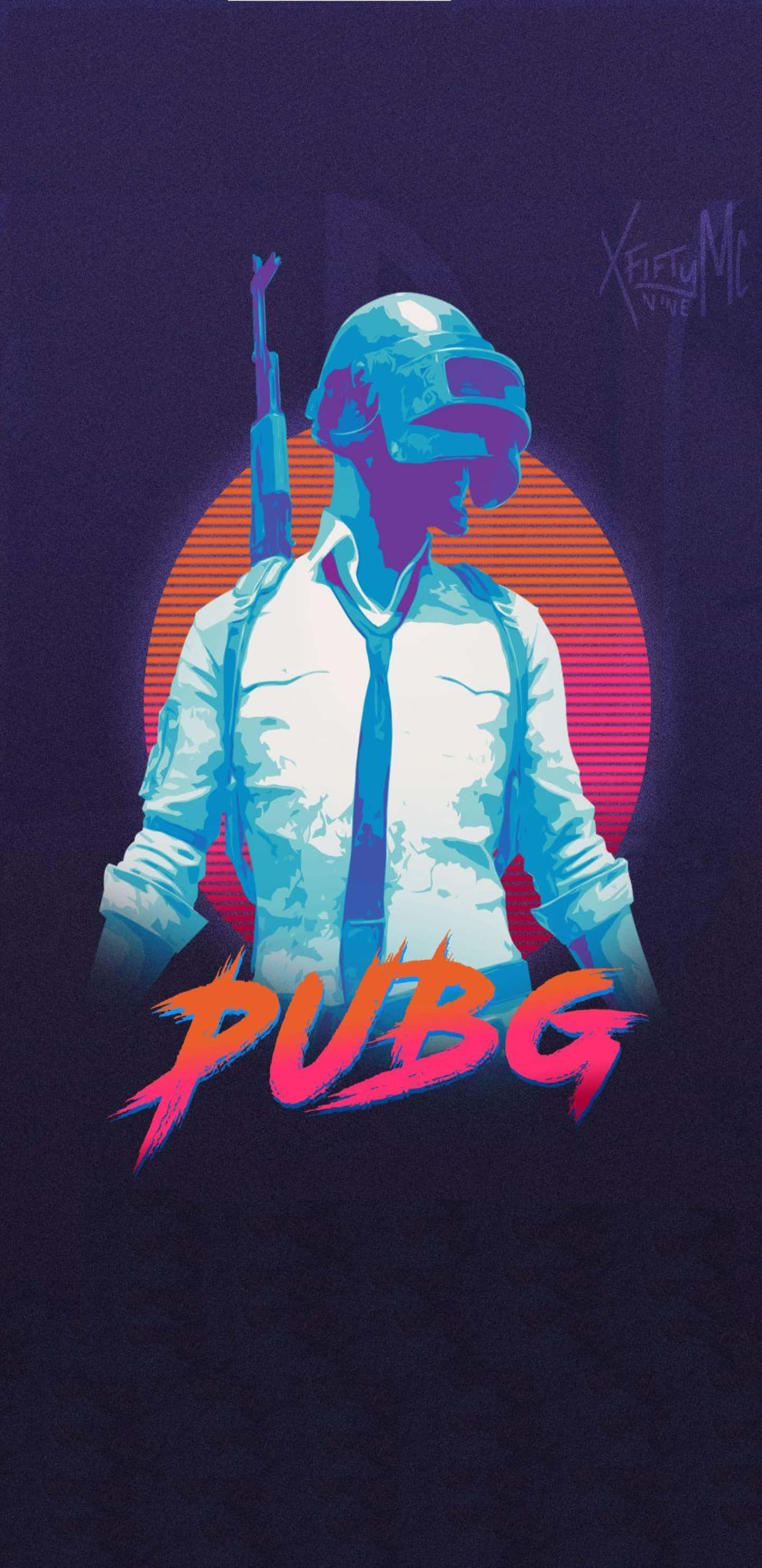 絕地求生 桌布 壁紙 — 一個風格化的PUBG士兵，以藍色和紫色色調站在發光的橙色太陽前，下方有遊戲標誌。