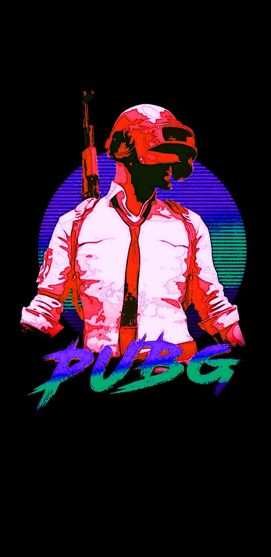 Retro Game 桌布 壁紙 — 一個風格化的PUBG士兵，戴著紅色頭盔，穿著白色襯衫，手持步槍，背景是充滿活力的紫綠色漸變圓圈。