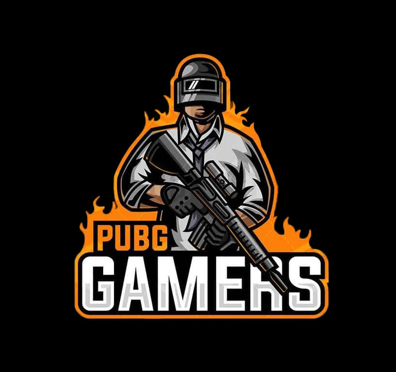 絕地求生 桌布 壁紙 — 一個風格化的PUBG玩家吉祥物，戴著頭盔和戰術裝備，手持步槍，帶有橙色火焰點綴，背景為黑色。