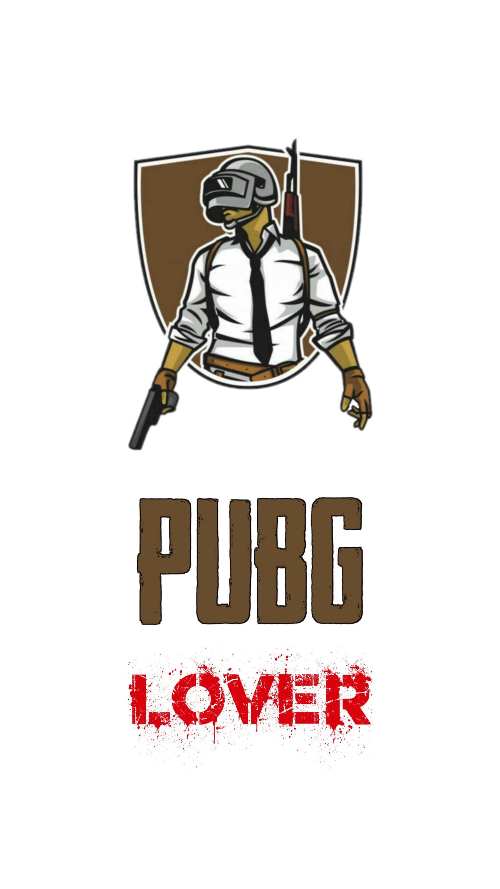 pubg mobile 桌布 壁紙 — 一個風格化的PUBG角色，戴著頭盔和領帶，在盾牌徽章內手持武器，下方有粗體遊戲標題文字。