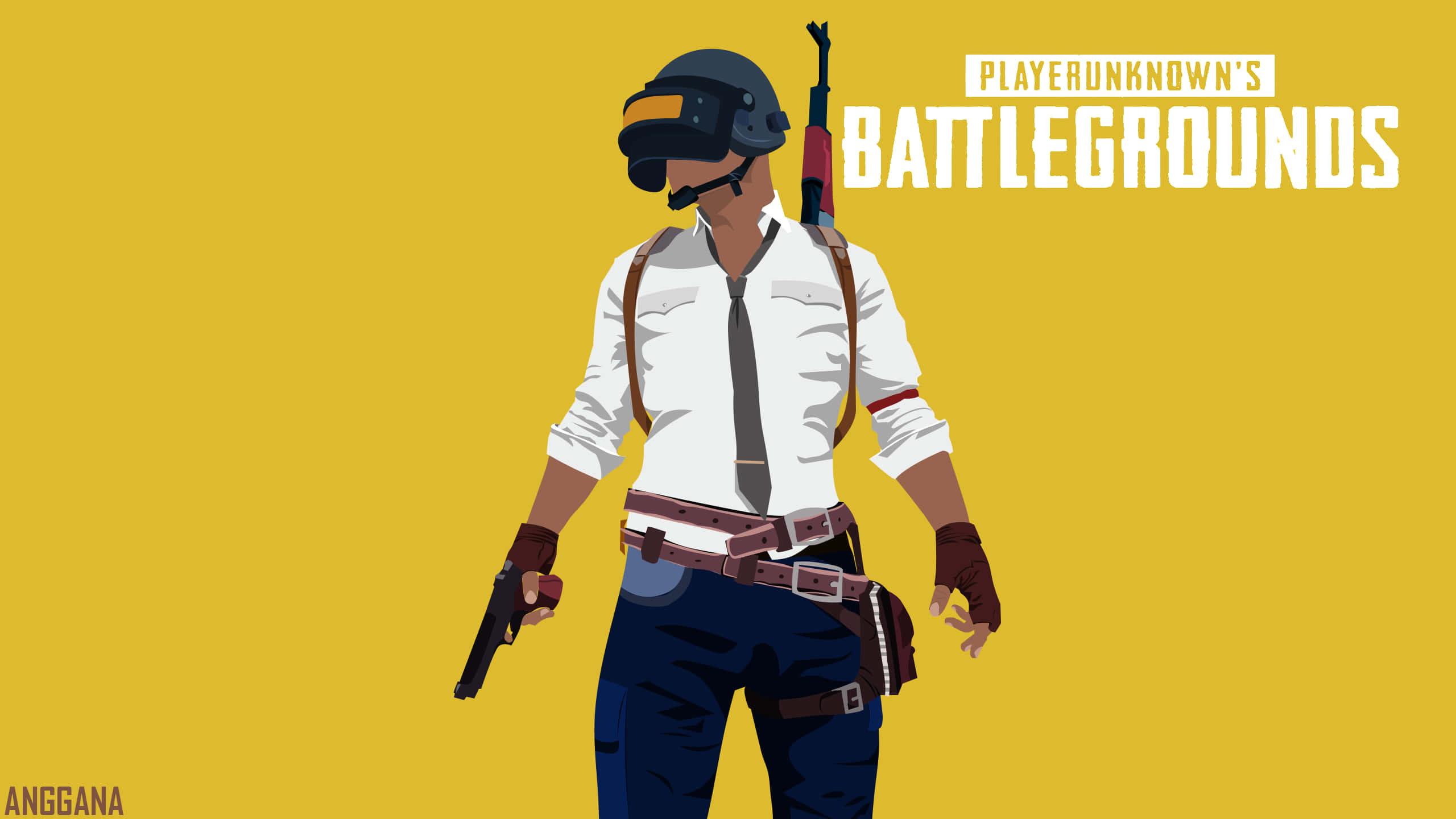 Best Playerunknown's Battlegrounds 桌布 壁紙 — 一個風格化的PUBG角色，身穿白襯衫和頭盔，在純黃色背景上握著一把手槍。