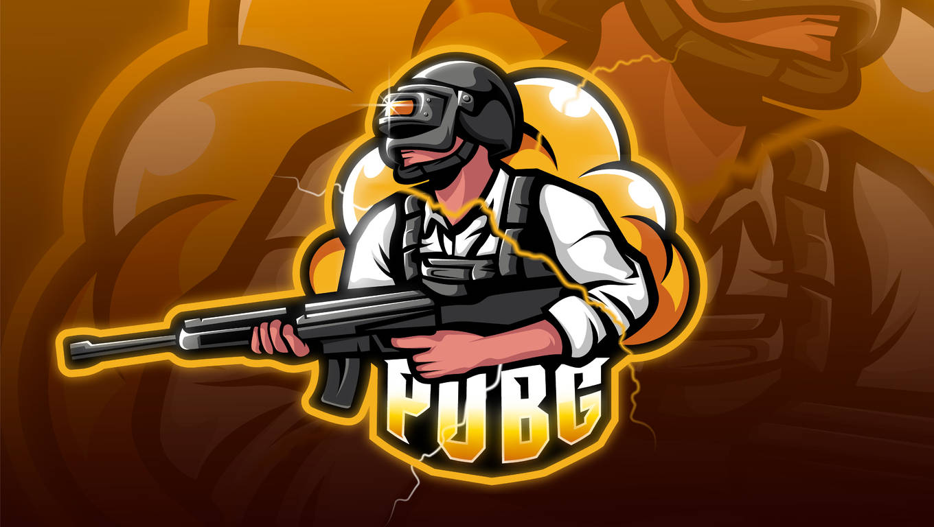 Pubg Logo 桌布 壁紙 — 一個風格化的PUBG電競吉祥物，身穿戰術裝備，在火橙色背景前手持步槍。