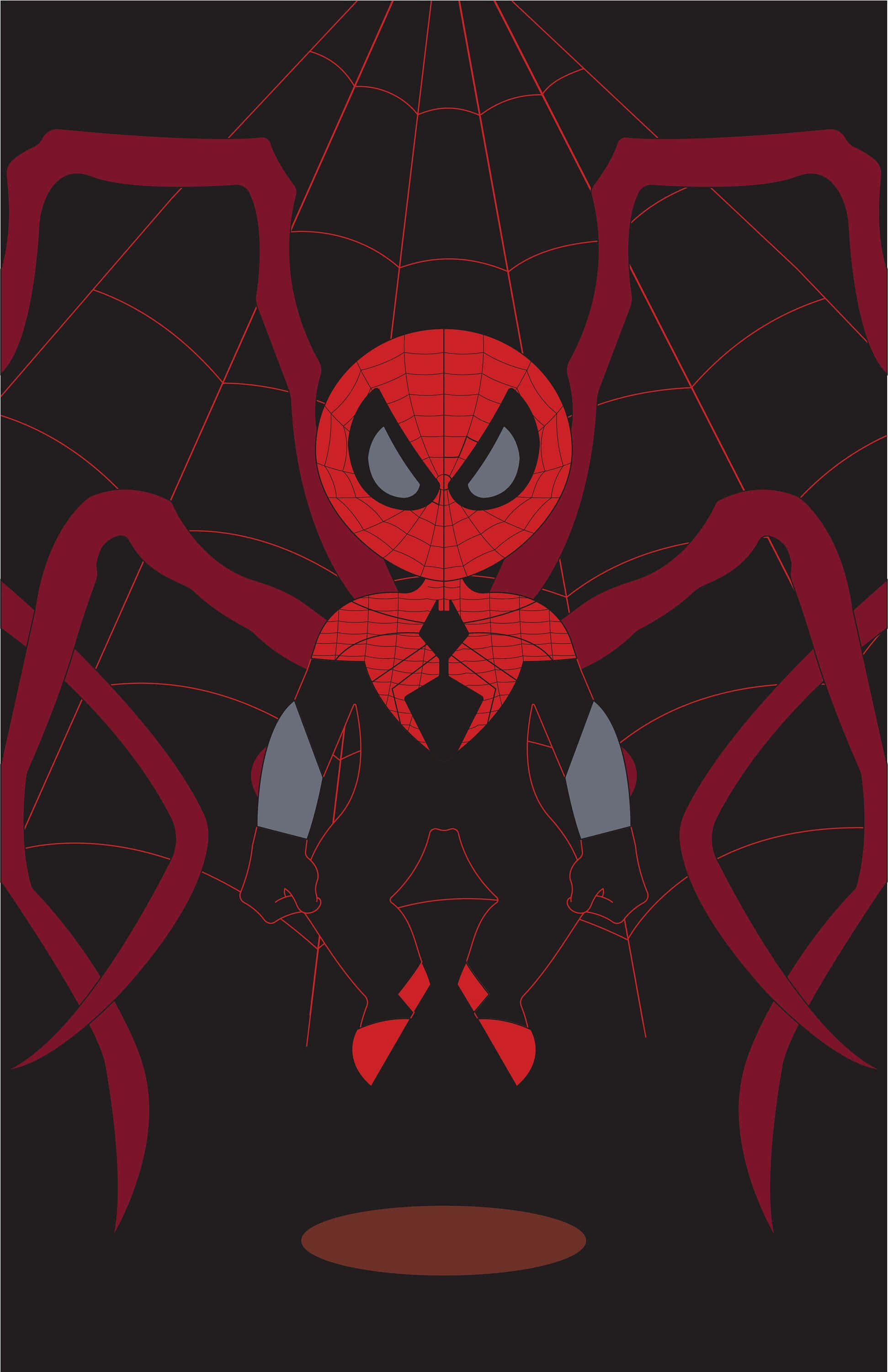 Superior Spider-man 桌布 壁紙 — 一個風格化的Q版蜘蛛人掛在蜘蛛網上，背景為深色，紅色蜘蛛腿環繞著他。