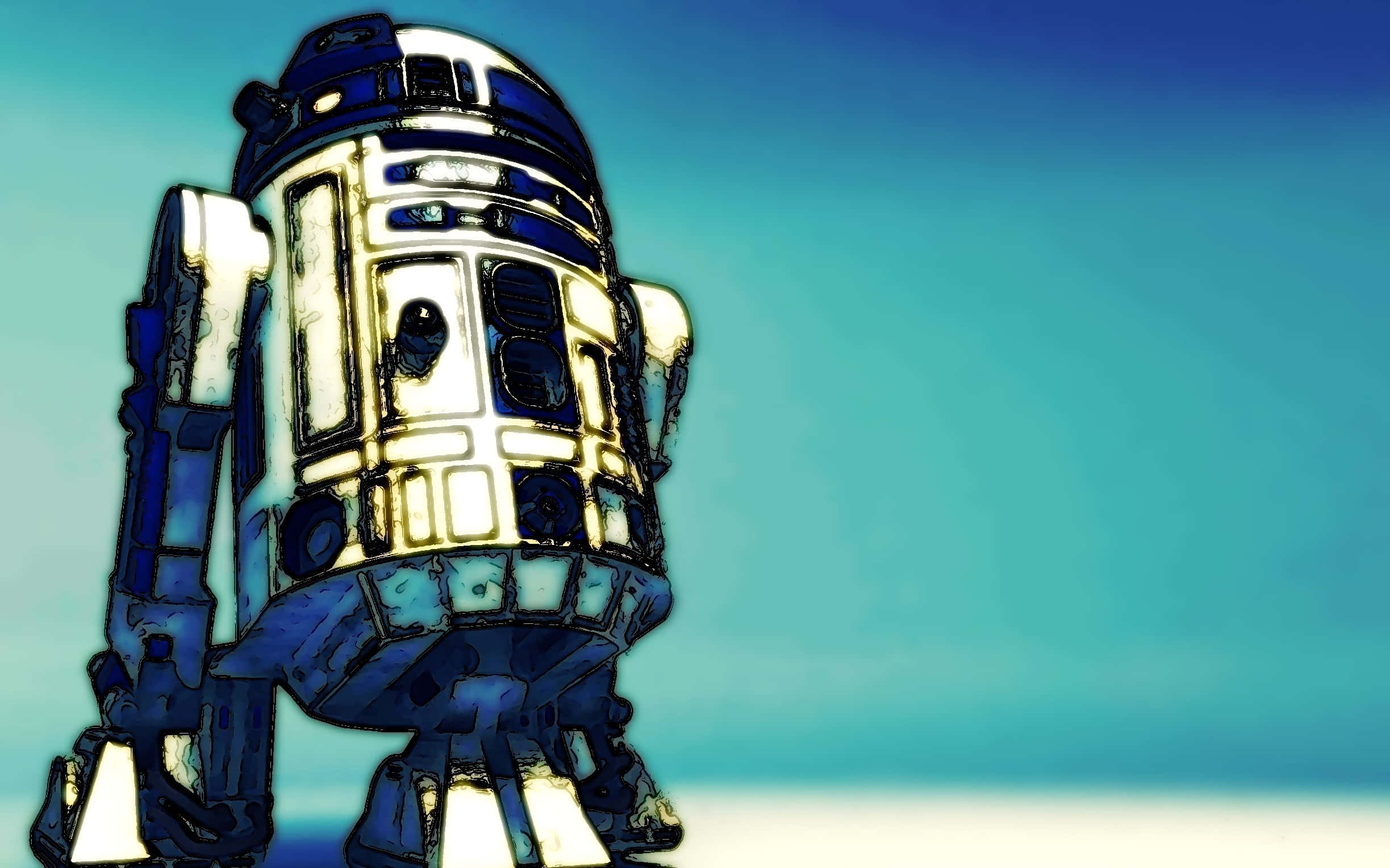 r2d2 桌布 壁紙 — 一個風格化的R2-D2機器人站在漸層青綠色天空前，金屬機身帶有發光的黃色亮點。