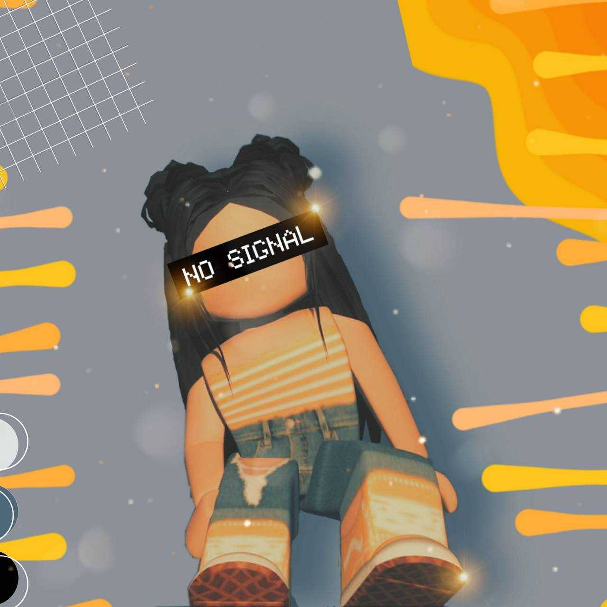 Roblox 女孩 桌布 壁紙 — 一個風格化的Roblox頭像，眼睛上寫著「NO SIGNAL」，坐在灰色背景上，帶有黃色條紋和網格圖案。