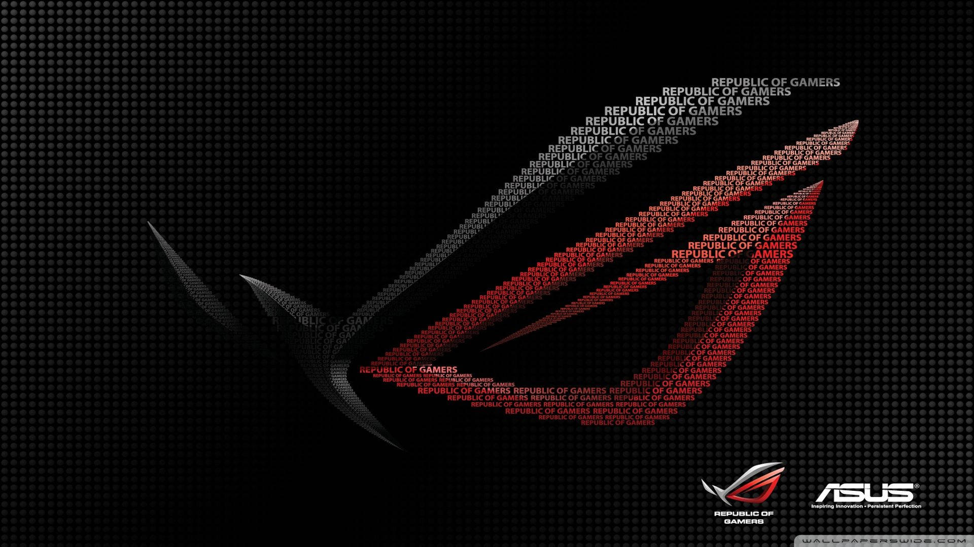 ASUS 桌布 壁紙 — 一個風格化的ROG標誌，由重複的紅色和灰色文字在深色點狀背景上形成。