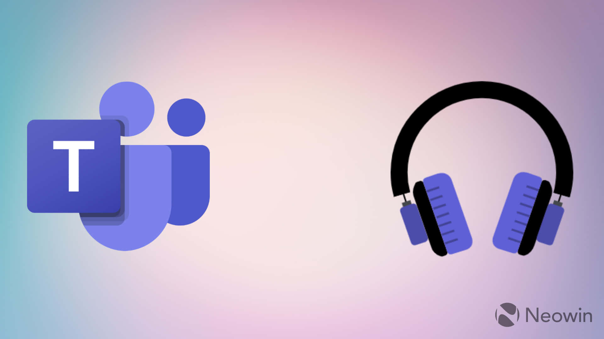 Microsoft Teams 桌布 壁紙 — 一個風格化的Teams標誌和帶有紫色點綴的黑色耳機，漂浮在柔和的漸變背景上。