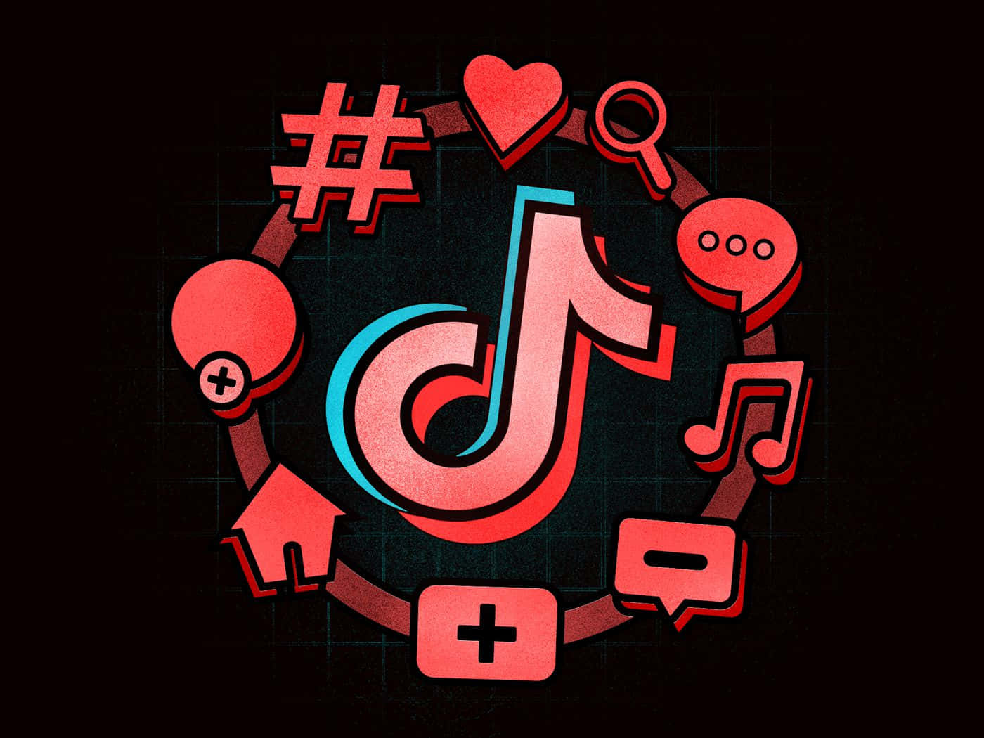 TikTok 動圖 桌布 壁紙 — 一個風格化的TikTok標誌，周圍環繞著社交媒體圖示，背景為深色網格。