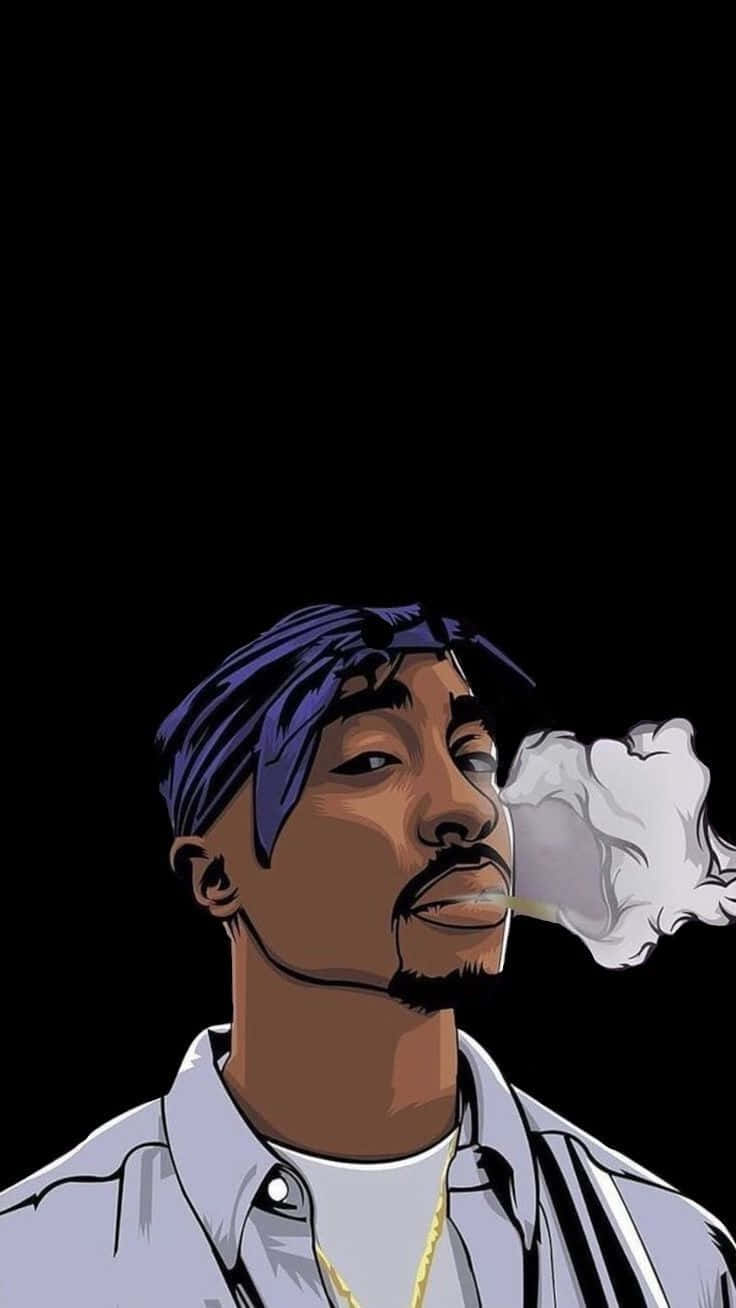 桌布 壁紙 — 一個風格化的Tupac Shakur肖像，在黑色背景上呼出煙霧。