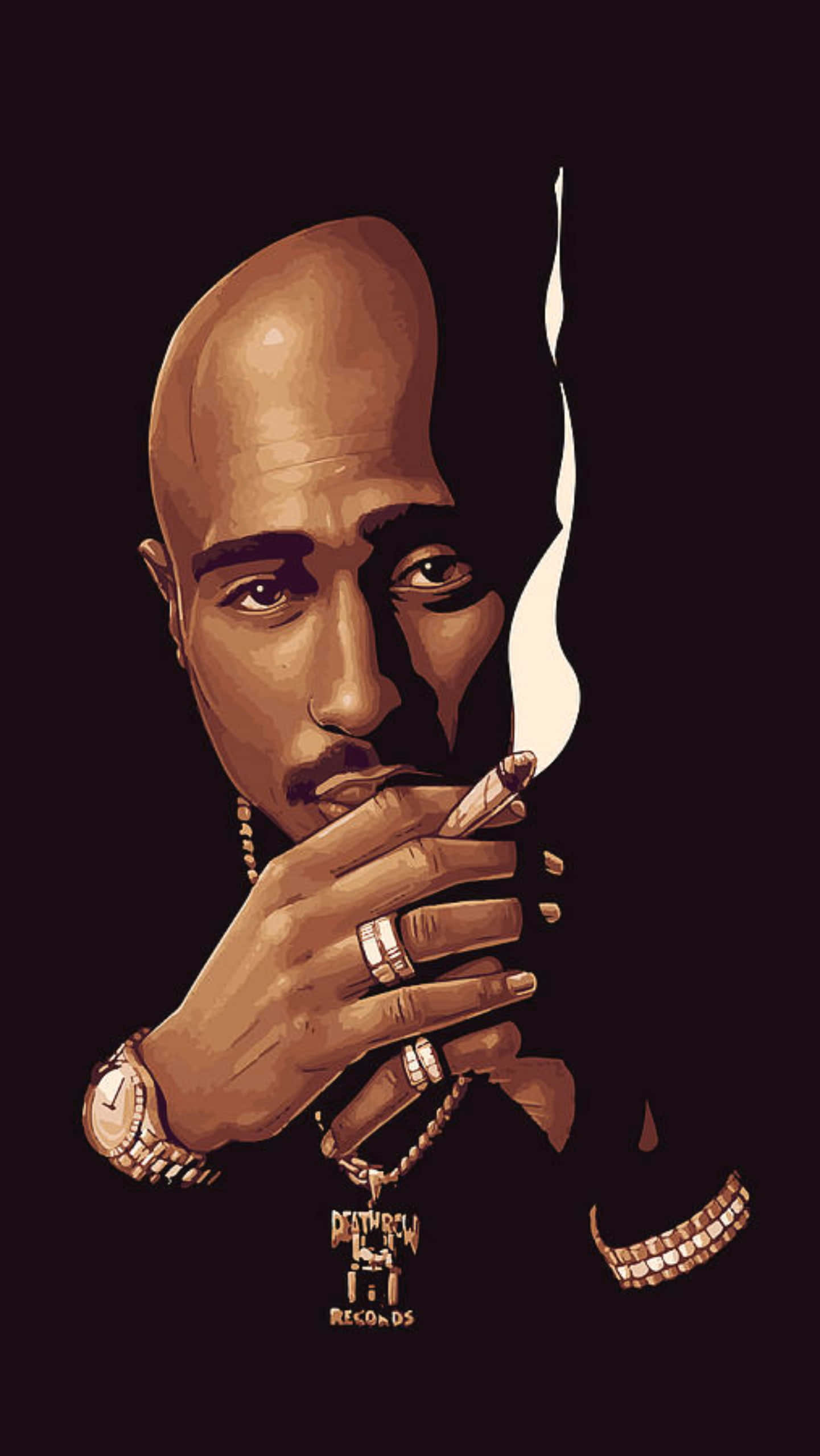 Cartoon Rapper 桌布 壁紙 — 一個風格化的Tupac Shakur肖像，正在抽煙，煙霧在黑暗背景中形成一個幽靈般的面孔。