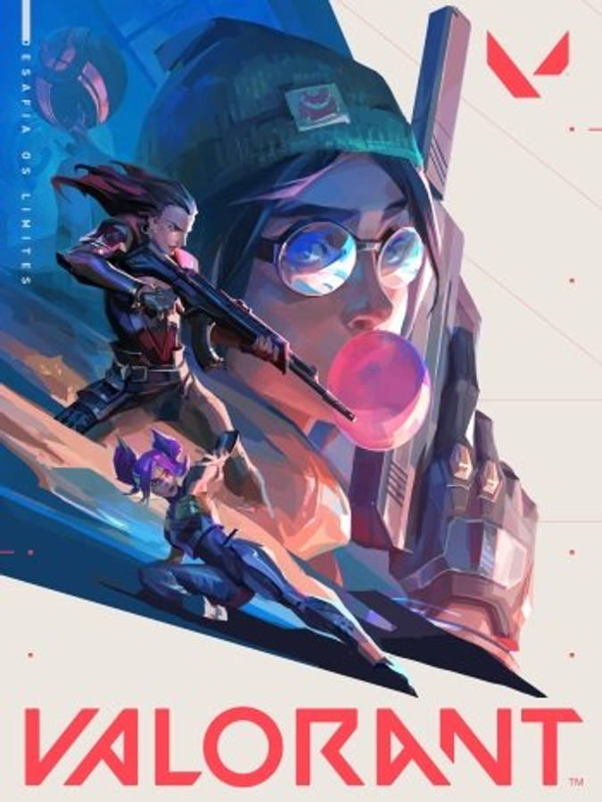 Valorant iPhone 壁紙 桌布 壁紙 — 一個風格化的Valorant角色吹著粉紅色泡泡糖，手持步槍，身後有兩個動態姿勢的特工。