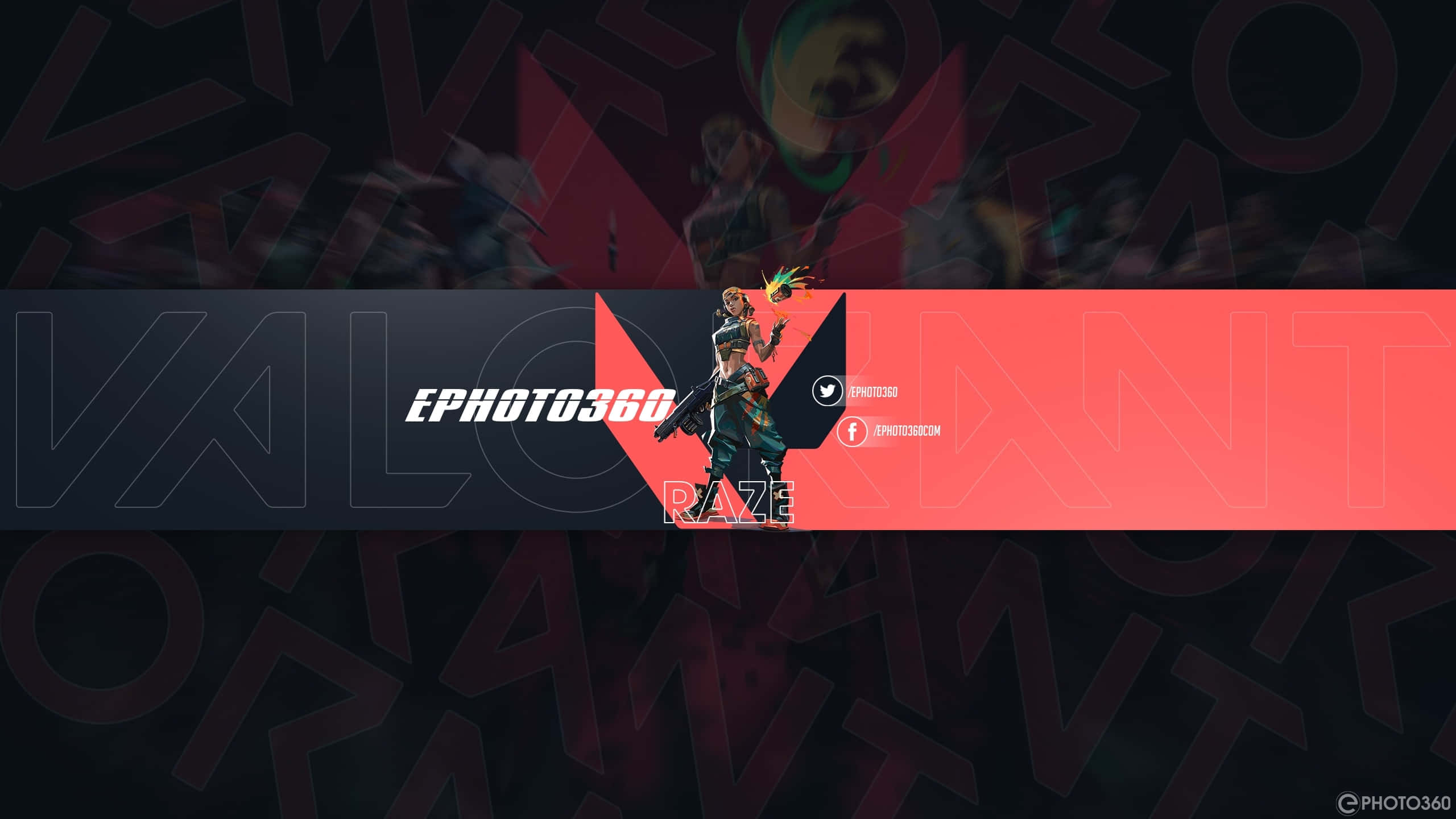 YouTube Banner Gaming 桌布 壁紙 — 一個風格化的Valorant角色Raze站在黑暗背景中央，背景有重複的遊戲標誌文字和鮮豔的紅色點綴。