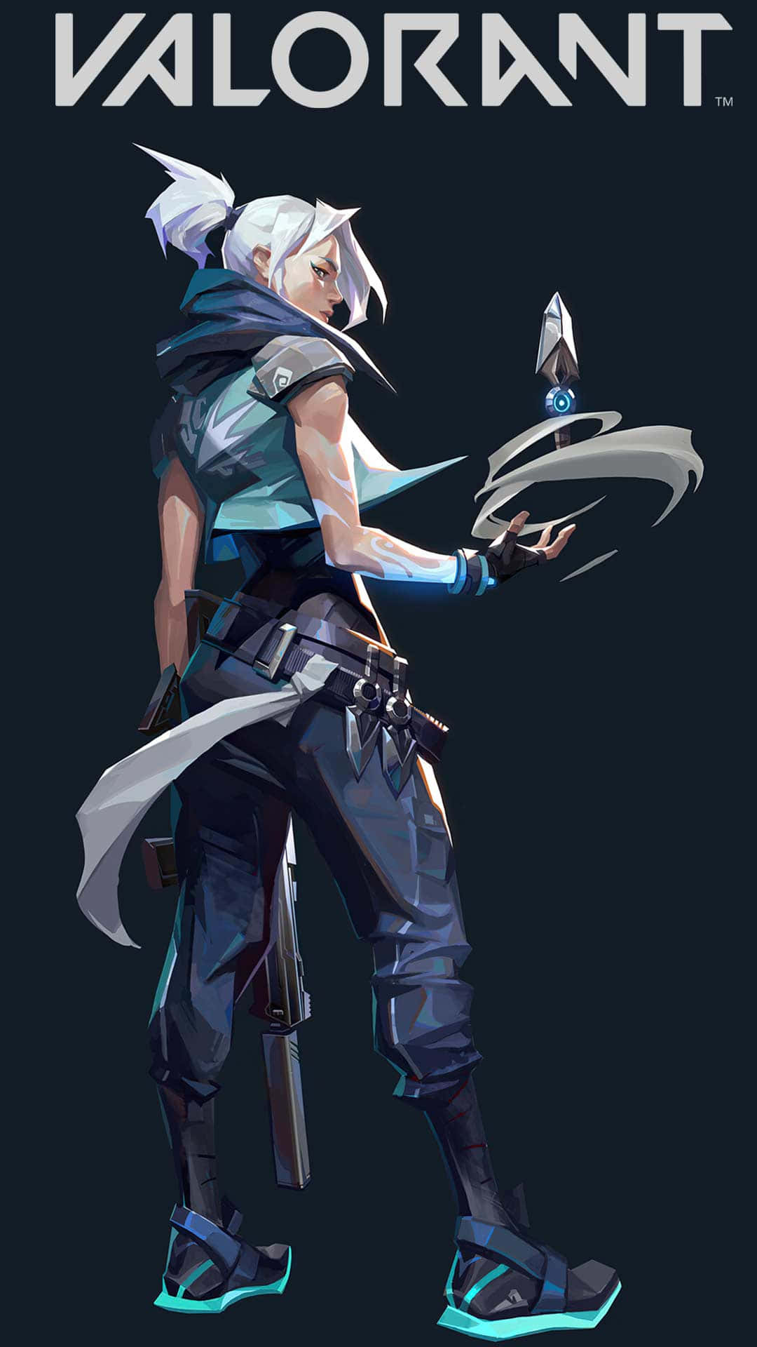 Jett Valorant 桌布 壁紙 — 一個風格化的Valorant角色，白髮和發光的藍色鞋子，在黑暗背景下手持未來武器。