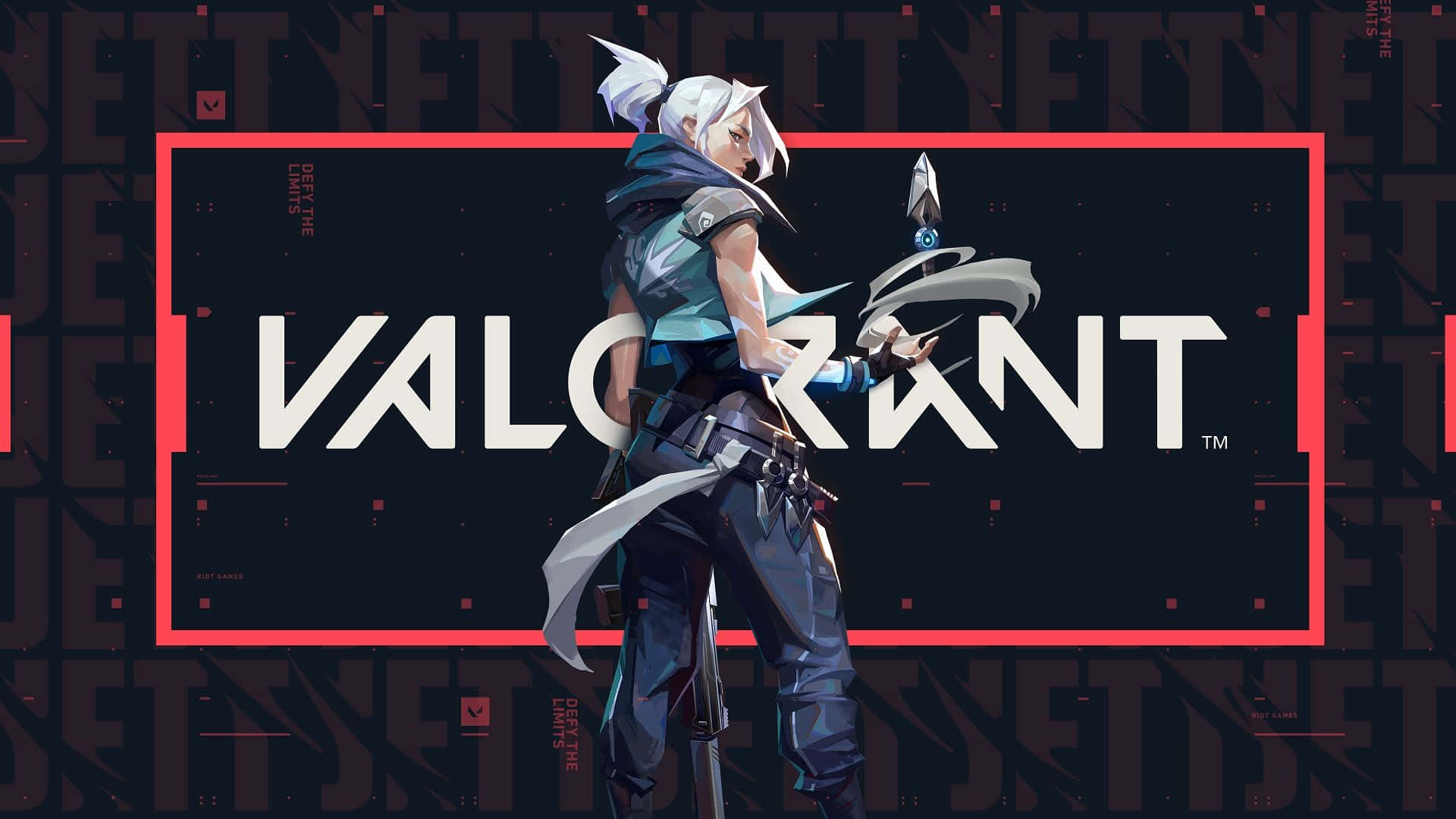 電玩遊戲 桌布 壁紙 — 一個風格化的Valorant角色，白髮和未來裝備，自信地站在深色背景前，帶有醒目的紅白品牌標識。