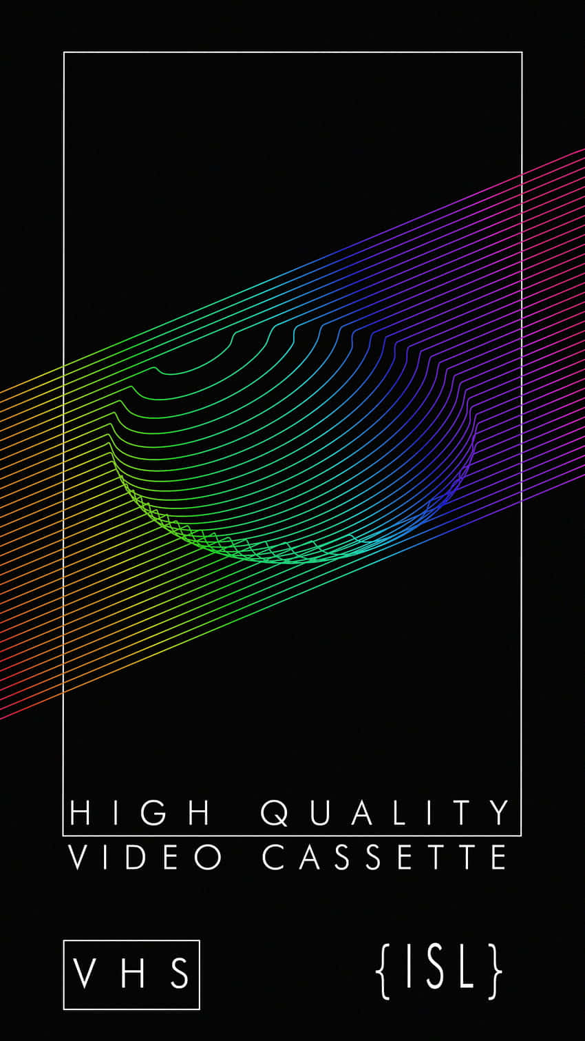 vhs 桌布 壁紙 — 一個風格化的VHS錄影帶，帶有從中央螺旋放射出的彩虹漸變線條，背景為黑色。