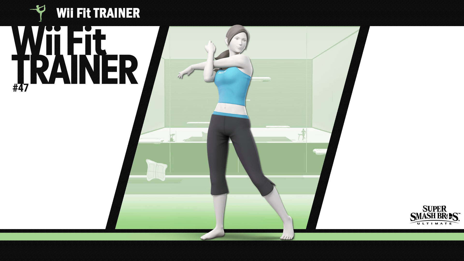 Fitness 桌布 壁紙 — 一個風格化的Wii Fit Trainer角色，身穿藍色上衣和黑色緊身褲，在簡約的綠色工作室中做瑜伽姿勢。