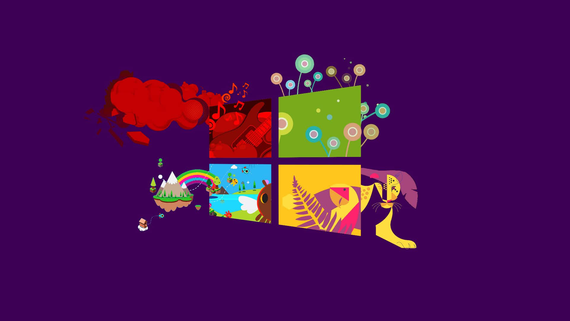 Windows 8 桌布 壁紙 — 一個風格化的Windows標誌，包含四個彩色面板，在深紫色背景上展示有趣的場景。