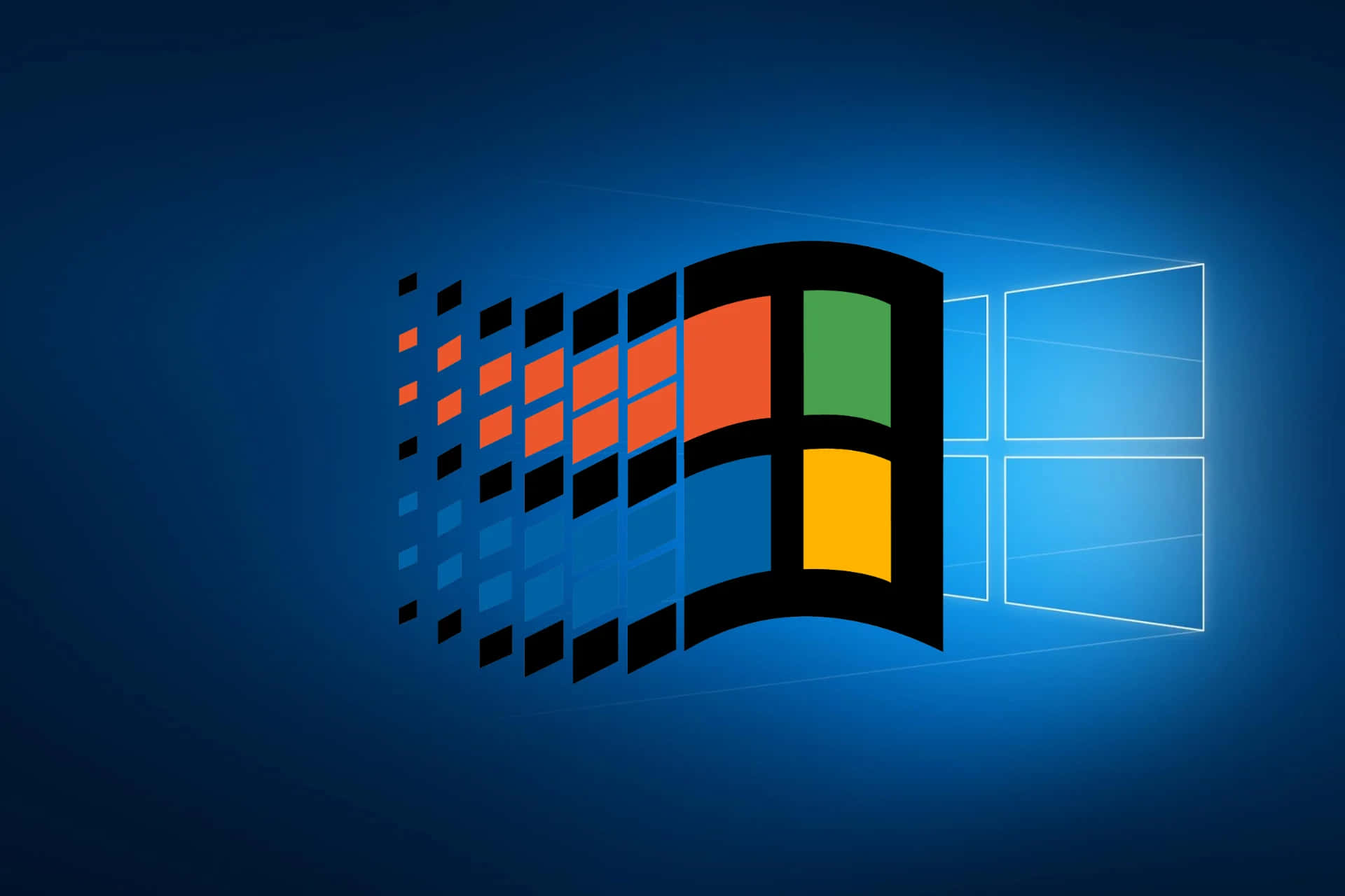 Windows 95 動態圖 桌布 壁紙 — 一個風格化的Windows標誌，帶有彩色窗格和像素化運動軌跡，背景為漸變藍色。