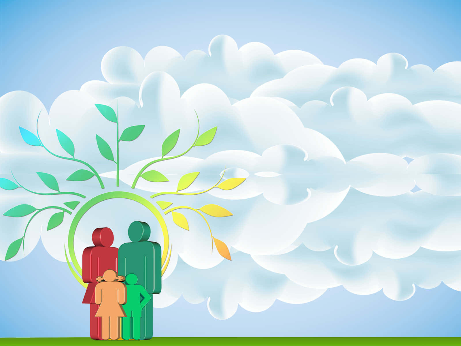 environment 桌布 壁紙 — 一個風格化的三人家庭站在一個帶有萌芽葉子的綠色環下，背景是柔和的藍天和蓬鬆的白雲。