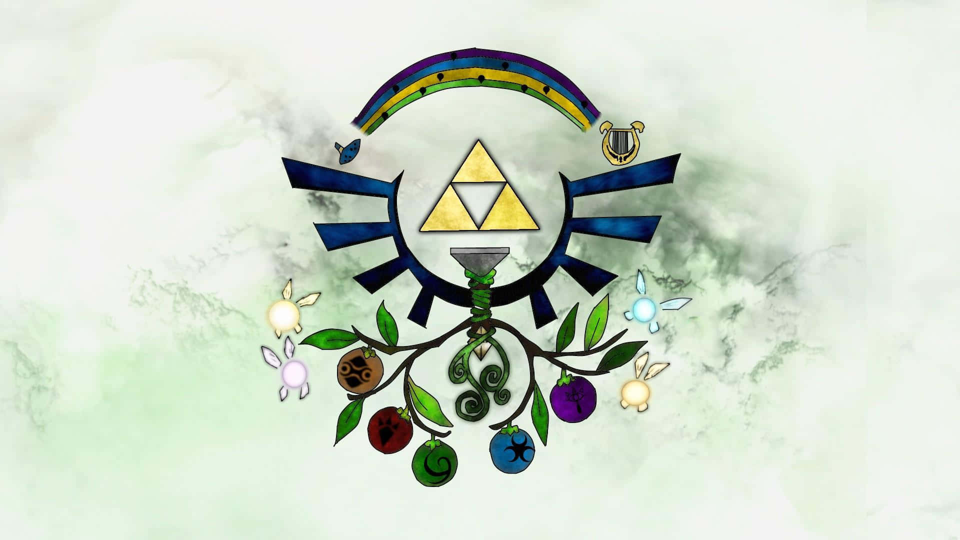 The Legend Of Zelda Hyrule 桌布 壁紙 — 一個風格化的三角力量標誌，帶有彩虹拱門和色彩繽紛的水果掛在藤蔓上，背景是柔和的綠色大理石。