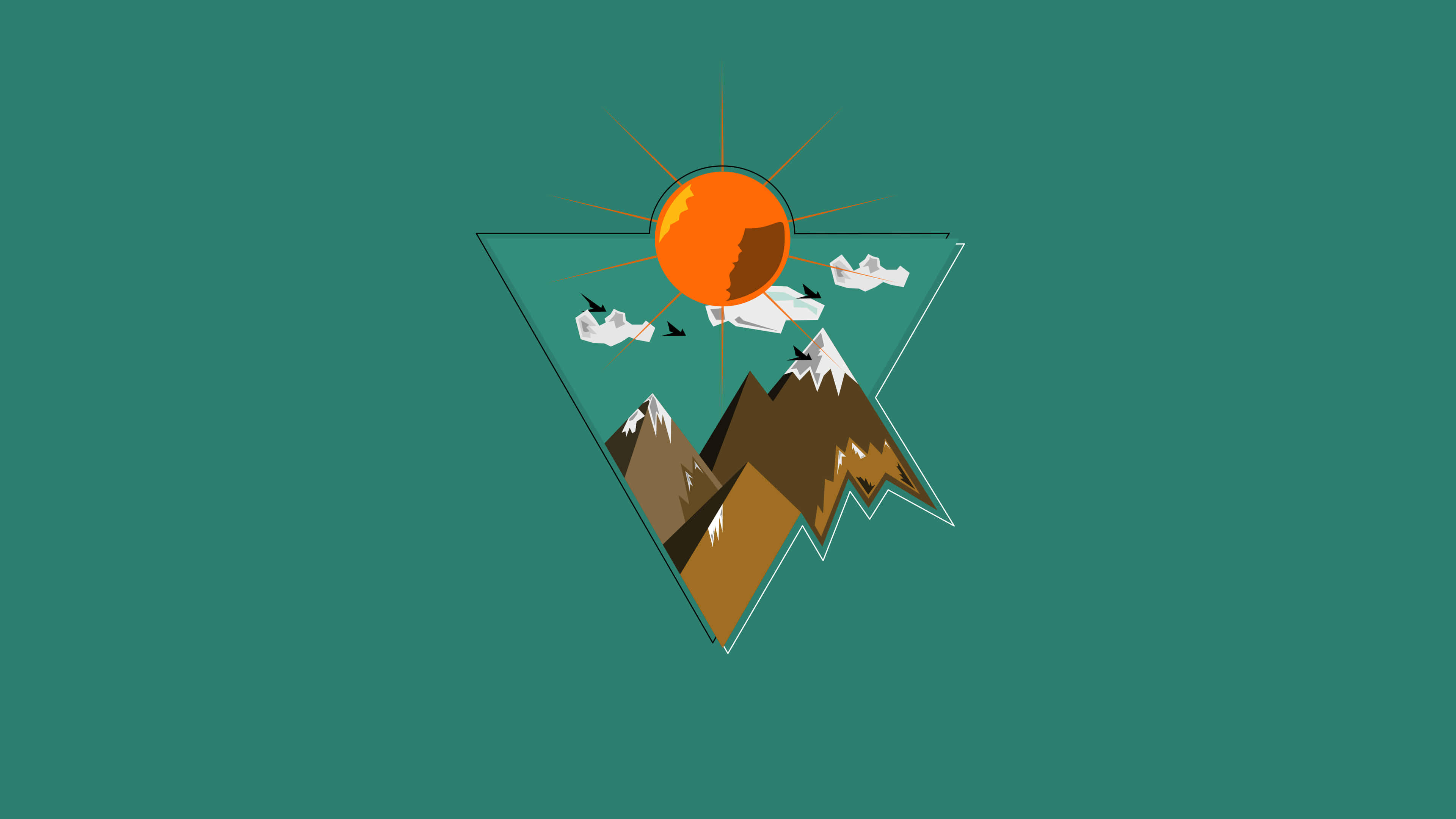 Simple Minimalist 桌布 壁紙 — 一個風格化的三角形山景，帶有太陽和雲朵，背景為青綠色。