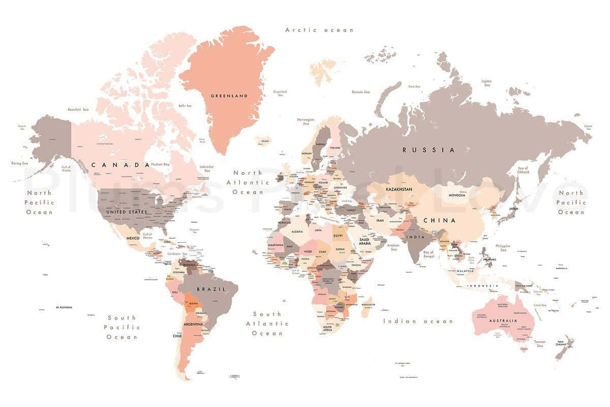 World Map Aesthetic 桌布 壁紙 — 一個風格化的世界地圖，大陸以柔和的粉紅色、米色和灰色粉彩呈現，背景為白色。