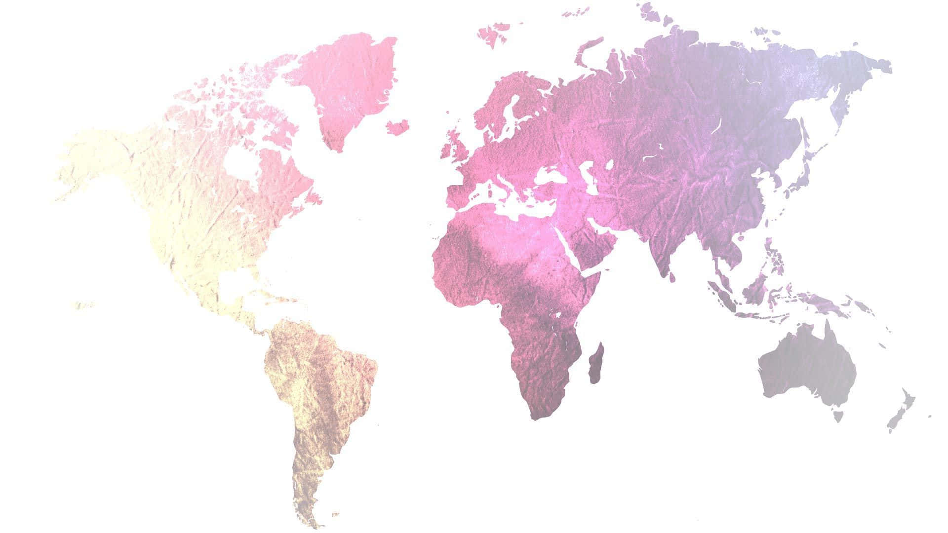 Aesthetic Tumblr Desktop 桌布 壁紙 — 一個風格化的世界地圖，帶有紋理的大陸，以漸變粉紅紫色和金色色調在白色背景上。