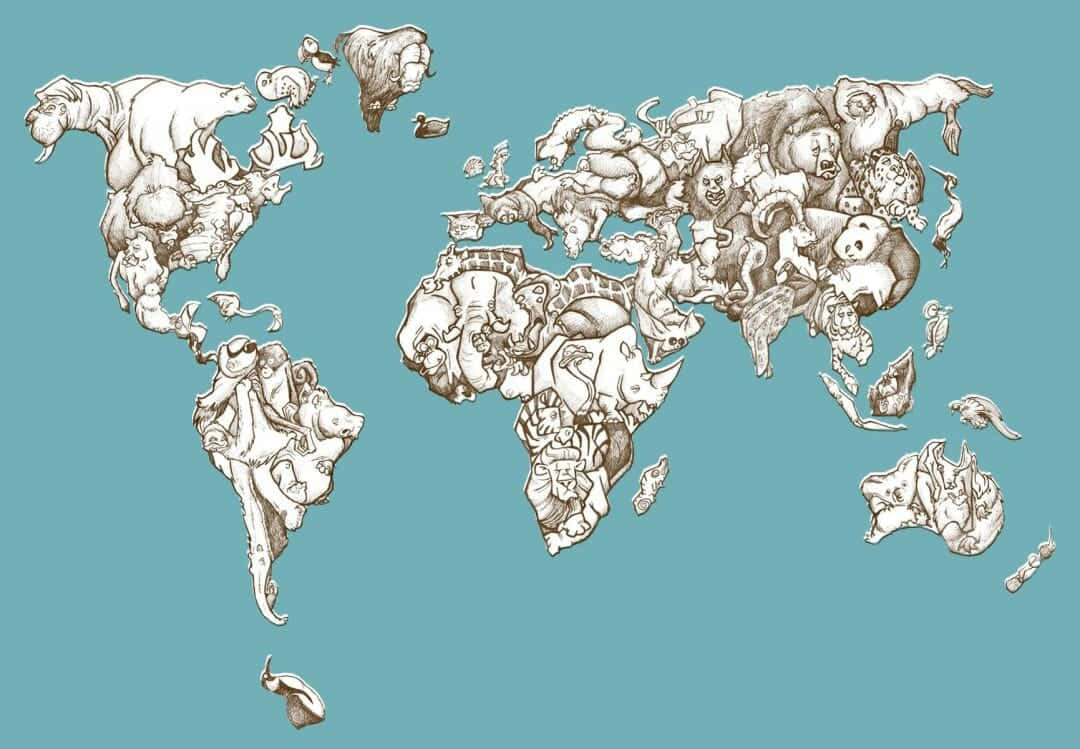 World Map Aesthetic 桌布 壁紙 — 一個風格化的世界地圖，每個大陸由本土動物和神話生物的複雜素描構成。