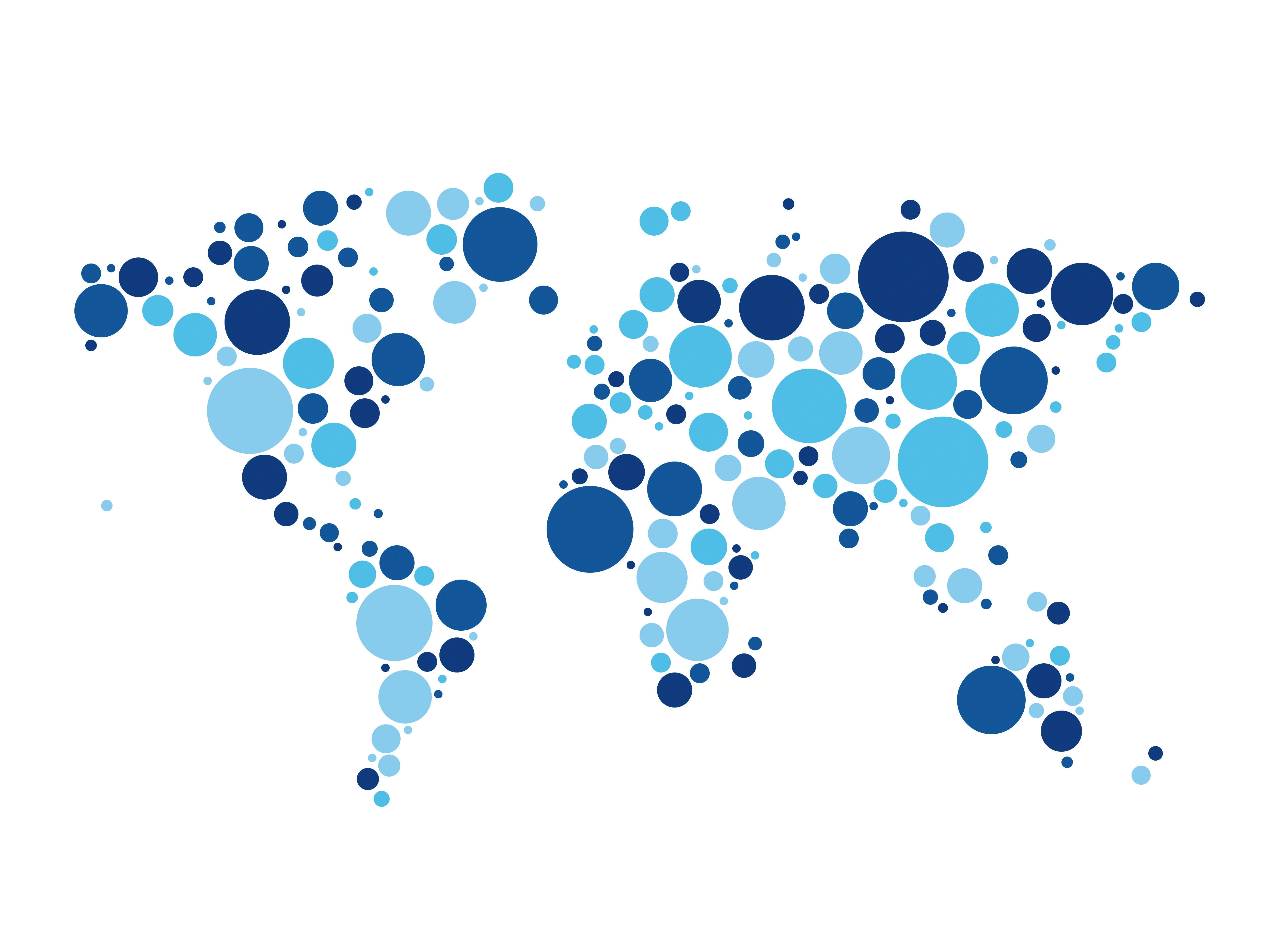 World 桌布 壁紙 — 一個風格化的世界地圖，由散佈在白色背景上的不同大小的藍色圓圈組成。