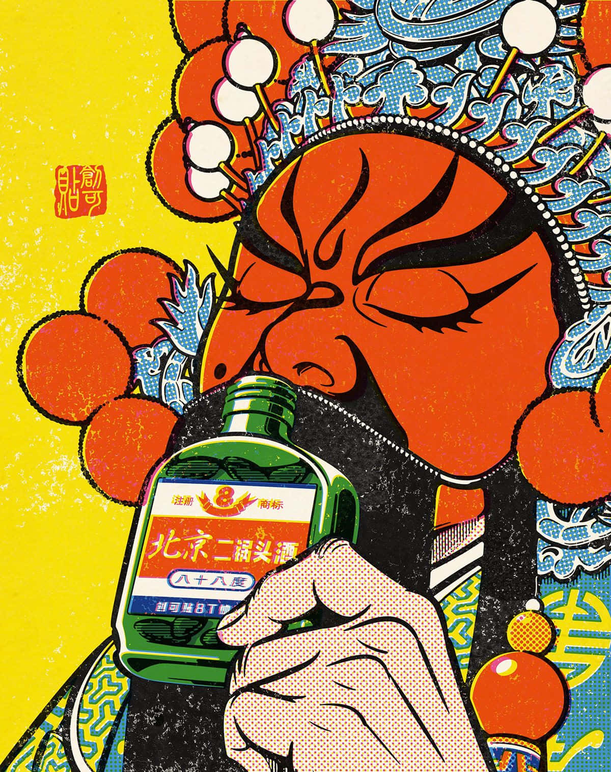 Japanese Pop Art 桌布 壁紙 — 一個風格化的中國戲曲角色，臉上塗著紅色顏料，在鮮黃色背景前拿著一個綠色酒瓶。