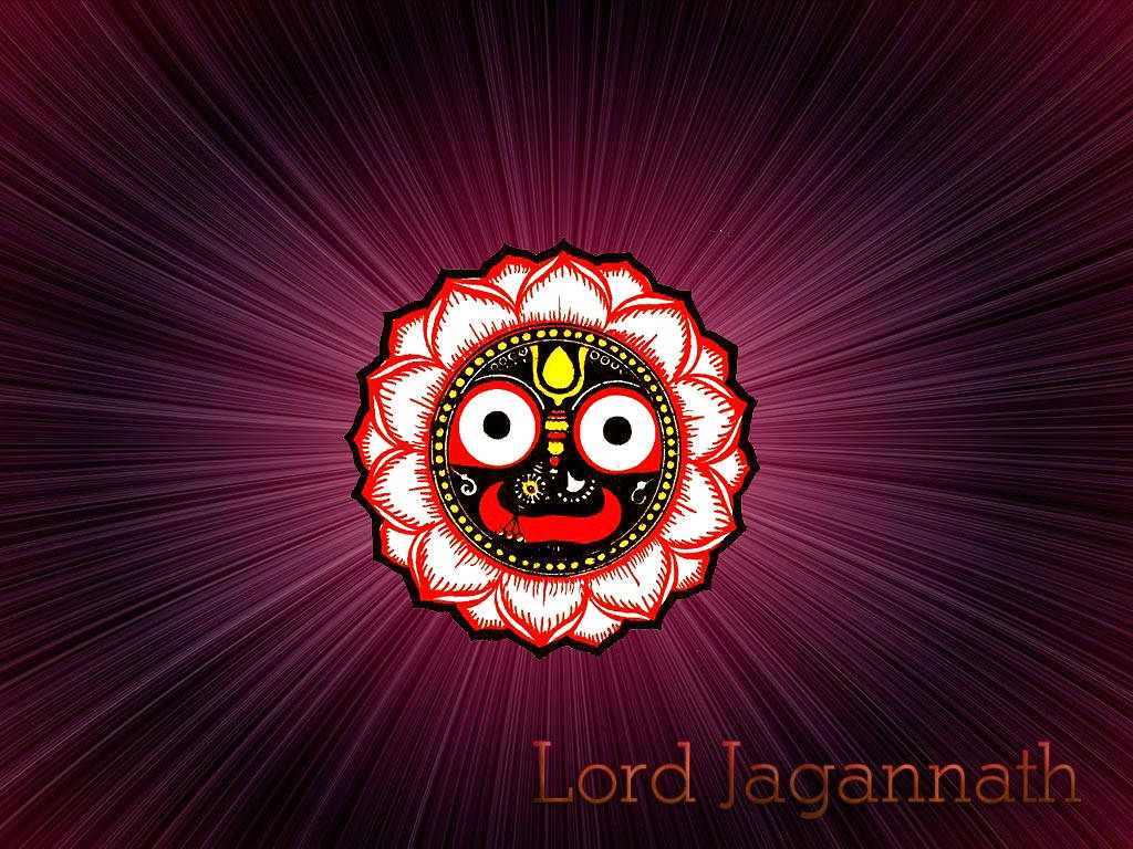 Jagannath 桌布 壁紙 — 一個風格化的主札格納特面孔，位於紅色和白色蓮花中，居中在發光的紫色背景上。